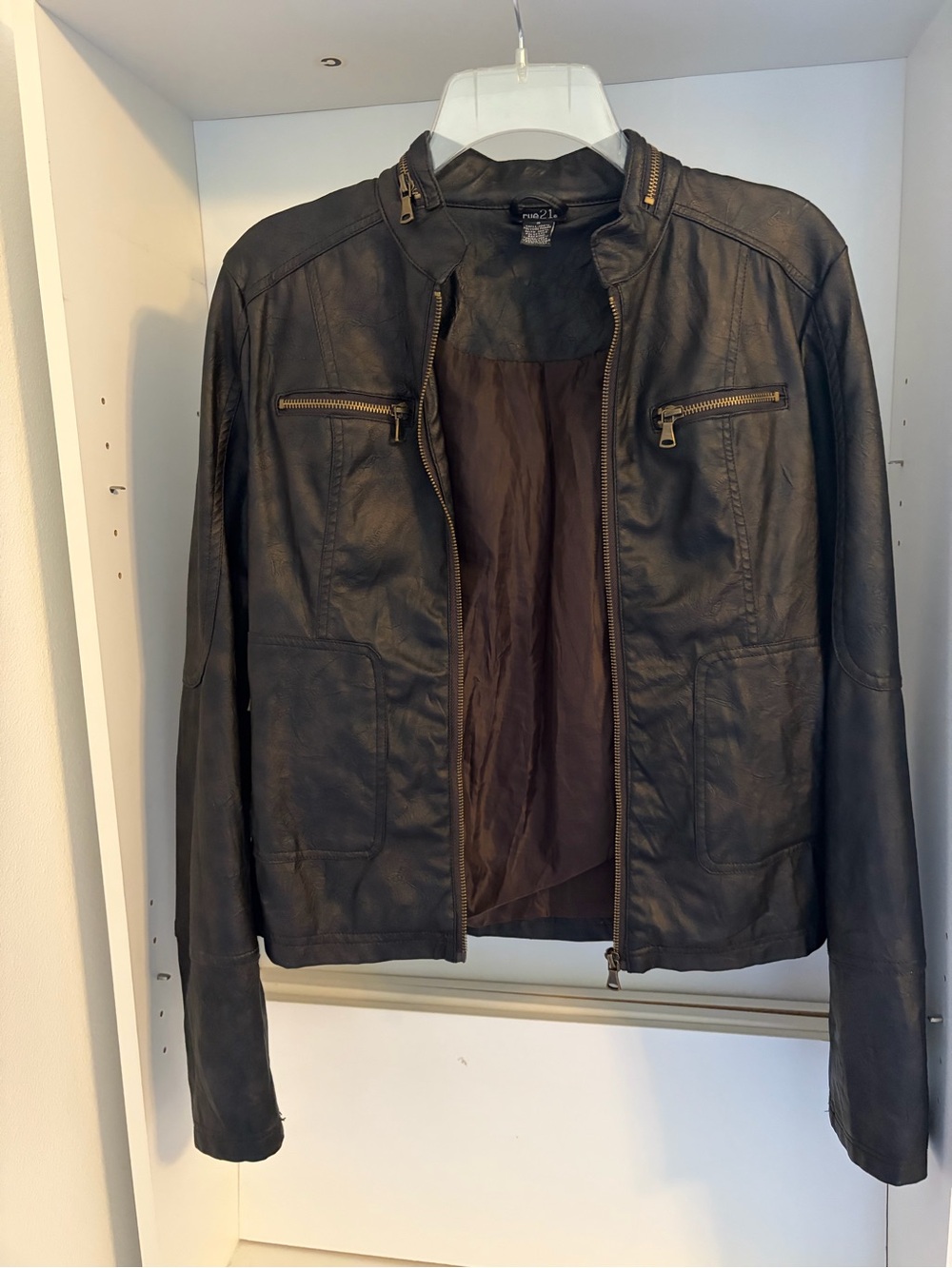 Rue21 Dark Brown Women's Leather Jacket with Zip Chest Pockets